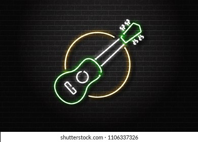 Vector realistic isolated neon sign of ukulele for decoration and covering on the wall background. Concept of live music and sunny summer.