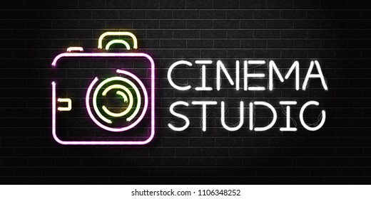 Vector realistic isolated neon sign of camera logo for decoration on the wall background. Concept of photographer profession, cinema studio and creative process.
