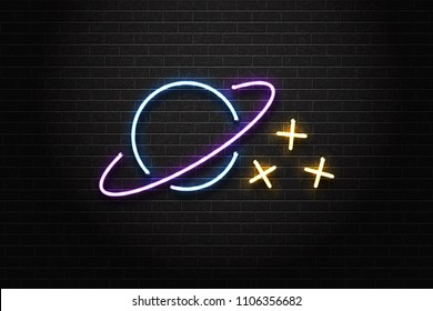 Vector realistic isolated neon sign of planet and stars for decoration and covering on the wall background. Concept of space and galaxy.