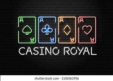 Vector realistic isolated neon sign of Casino Royal logo with playing cards for decoration and covering on the wall background. Concept of casino winning, award ceremony and jackpot.