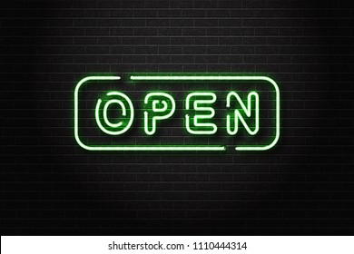 Vector realistic isolated neon sign of Open logo for decoration and covering on the wall background. Concept of restaurant and night club entry.