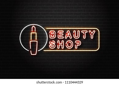 Vector realistic isolated neon sign of Beauty Shop logo with lipstick for decoration and covering on the wall background. Concept of cosmetics and beauty.