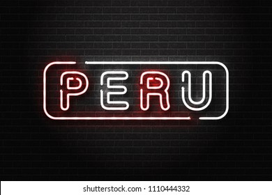 Vector realistic isolated neon sign of Peru lettering logo for decoration and covering on the wall background. Concept of peruvian culture.