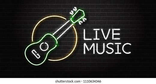 Vector realistic isolated neon sign of ukulele live music logo for decoration and covering on the wall background. Concept of perfomance and sunny summer.