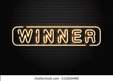 Vector realistic isolated neon sign of Winner logo for decoration and covering on the wall background. Concept of casino winning, award ceremony and jackpot.