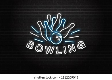 Vector realistic isolated neon sign for bowling logo for decoration and covering on the wall background. Concept of game sport and bowling club.