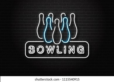 Vector realistic isolated neon sign for bowling logo for decoration and covering on the wall background. Concept of game sport and bowling club.