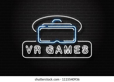 Vector realistic isolated neon sign of VR glasses logo for decoration and covering on the wall background. Concept of game, cyberspace and virtual reality entertainment experience.