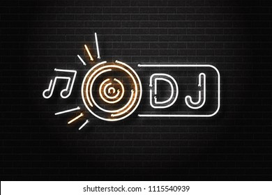 Vector realistic isolated neon sign of Dj logo with vinyl for decoration and covering on the wall background. Concept of music, radio and live concert.