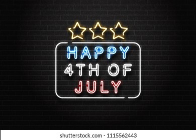 Vector realistic isolated neon sign of Happy 4th of July logo for decoration and covering on the wall background. Concept of Happy Independence Day in USA.