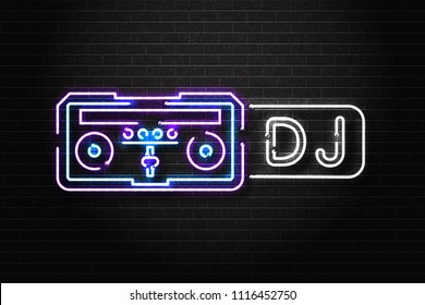 Vector realistic isolated neon sign of Dj logo with console for decoration and covering on the wall background. Concept of music, radio and live concert.