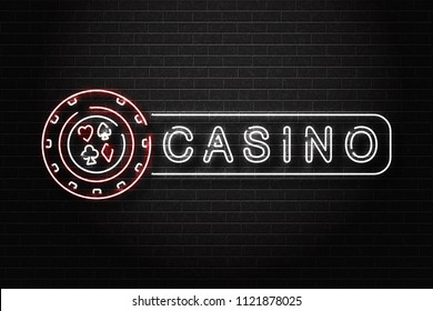 Vector realistic isolated neon sign of Casino logo with playing chip for decoration and covering on the wall background. Concept of casino winning, award ceremony and jackpot.