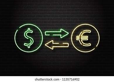 Vector realistic isolated neon sign of dollar and euro currency exchange for decoration and covering on the wall background. Concept of business market and exchange money.