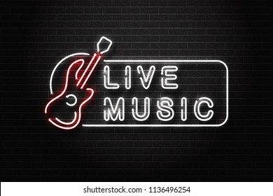 Vector realistic isolated neon sign of guitar live music logo for decoration and covering on the wall background. Concept of music, dj and concert.