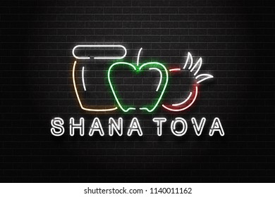 Vector realistic isolated neon sign for Rosh Hashanah, Jewish New Year holiday for decoration and covering on the wall background. Concept of Happy Shana Tova.