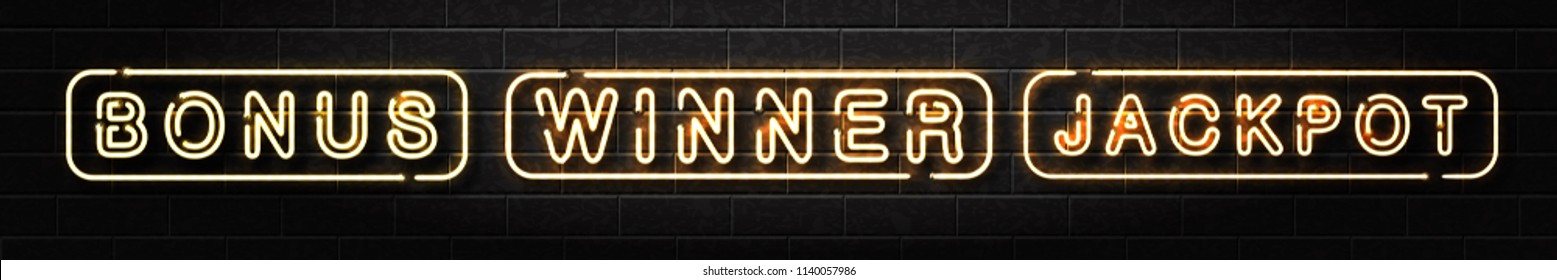 Vector realistic isolated neon sign of Jackpot, Winner and Bonus logo on the wall background. Concept of slot machine win, casino and award ceremony.