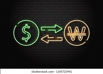 Vector realistic isolated neon sign of dollar and South Korea won currency exchange for decoration and covering on the wall background. Concept of business market and exchange money.