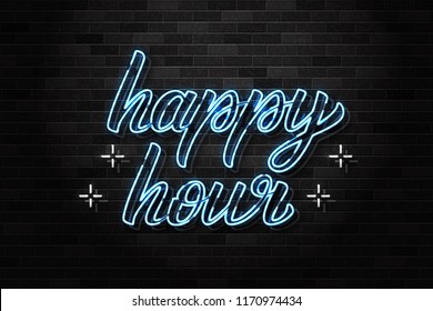 Vector realistic isolated neon sign of Happy Hour typography logo for decoration and covering on the wall background. Concept of night club, free drinks, bar counter and restaurant.