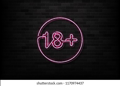 Vector realistic isolated neon sign of 18+ logo for decoration and covering on the wall background. Concept of night club and sex shop.
