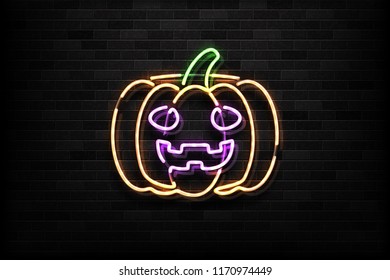 Vector realistic isolated neon sign of pumpkin for decoration and covering on the wall background. Concept of Happy Halloween.