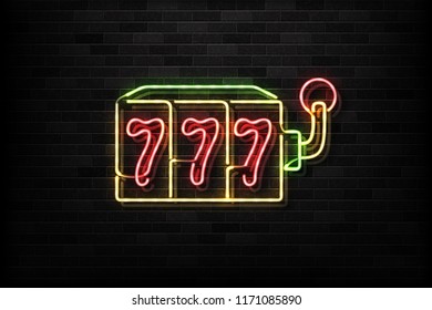 Vector realistic isolated neon sign of Slot Machine logo for decoration and covering on the wall background. Concept of casino, jackpot and gambling.