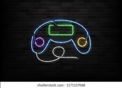 Vector realistic isolated neon sign of controller logo for decoration on the wall background. Concept of game and computer leisure.