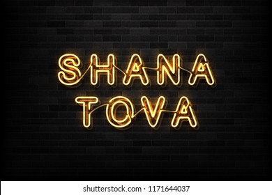 Vector realistic isolated neon sign of Shana Tova typography logo for decoration and covering on the wall background. Concept of Rosh Hashanah, Jewish New Year holiday.