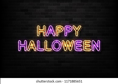 Vector realistic isolated neon sign of Happy Halloween typography logo for decoration and covering on the wall background. Concept of Halloween party and trick or treat.