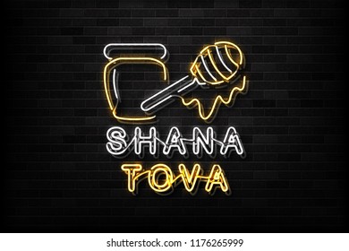 Vector realistic isolated neon sign of Shana Tova logo for decoration and covering on the wall background. Concept of Rosh Hashanah, Jewish New Year holiday.