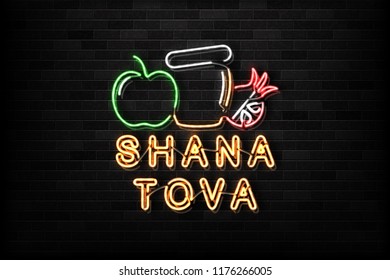 Vector realistic isolated neon sign of Shana Tova logo for decoration and covering on the wall background. Concept of Rosh Hashanah, Jewish New Year holiday.