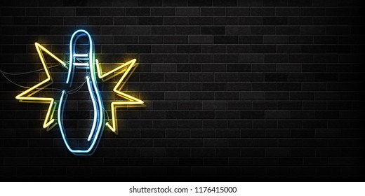 Vector realistic isolated neon sign of bowling logo for decoration and covering on the wall background. Concept of game sport and bowling club. Banner for sports game advertising and promotion.