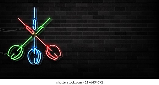 Vector realistic isolated neon sign of darts arrow logo for decoration and covering on the wall background. Concept of game leisure. Banner for sports game advertising and promotion.