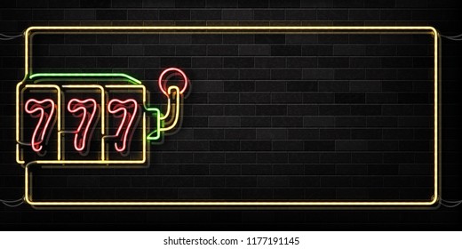 Vector realistic isolated neon sign of Slot Machine frame logo for decoration and covering on the wall background. Concept of jackpot and gambling. Banner for casino promotion and advertising.