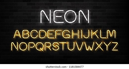 Vector realistic isolated neon sign of alphabet font letters for decoration and covering on the wall background.