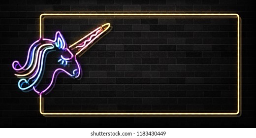 Vector realistic isolated neon sign of Unicorn frame logo for decoration and covering on the wall background.