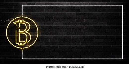 Vector realistic isolated neon sign of Bitcoin frame logo for decoration and covering on the wall background. Concept of cryptocurrency exchange and blockchain.