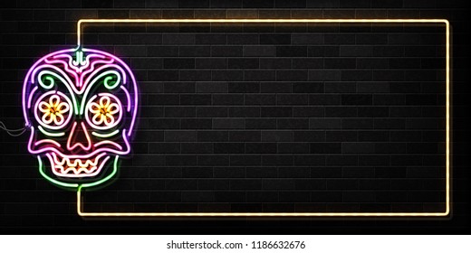 Vector realistic isolated neon sign of Dia de Muertos skull frame logo for decoration and covering on the wall background. Concept of Happy Day of the Dead in Mexico.