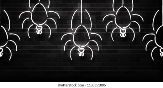 Vector realistic isolated neon sign of spiders seamless pattern for decoration and covering on the wall background. Concept of Happy Halloween.