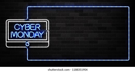 Vector realistic isolated neon sign of Cyber Monday frame logo for decoration and covering on the wall background. Concept of electronics market, sale and discount.