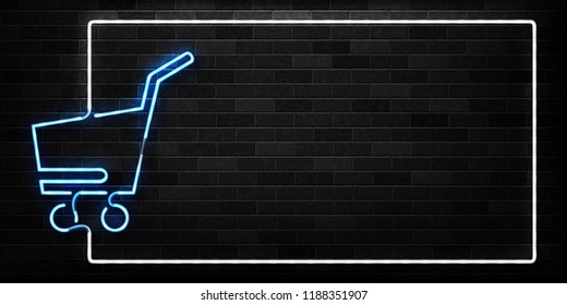 Vector realistic isolated neon sign of supermarket trolley frame logo for decoration and covering on the wall background. Concept of Black friday, sale and online shopping.