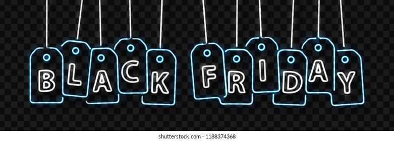 Vector realistic isolated neon sign of price tags for Black Friday logo for decoration and covering on the transparent background. Concept of sale and discount.