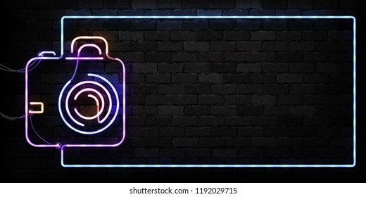 Vector realistic isolated neon sign of Camera frame logo for decoration on the wall background. Concept of photographer profession, cinema studio and creative process.