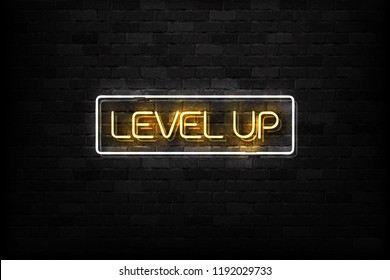 Vector realistic isolated neon sign of Level Up button logo for decoration and covering on the wall background.