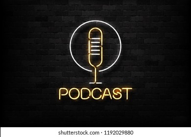 Vector realistic isolated neon sign of Podcast logo with a microphone for decoration and covering on the wall background. Concept of radio, broadcasting and dj.