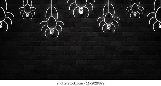 Vector realistic isolated neon sign of spiders seamless pattern for decoration and covering on the wall background. Concept of Happy Halloween.
