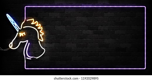 Vector realistic isolated neon sign of Unicorn frame logo for decoration and covering on the wall background.