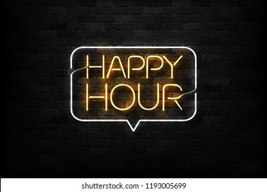 Vector realistic isolated neon sign of Happy Hour logo for decoration and covering on the wall background. Concept of night club, free drinks, bar counter and restaurant. - Shutterstock ID 1193005699