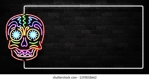 Vector realistic isolated neon sign of Dia de Muertos skull frame logo for decoration and covering on the wall background. Concept of Happy Day of the Dead in Mexico.