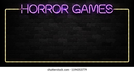 Vector realistic isolated neon sign of Horror Games frame logo for decoration and covering on the wall background.