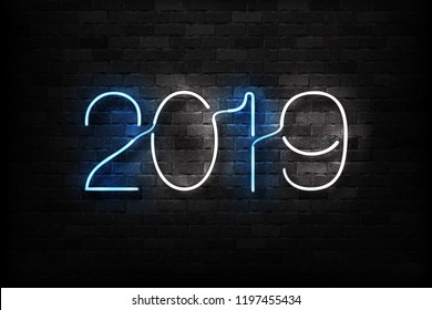 Vector realistic isolated neon sign of 2019 logo for decoration and covering on the wall background. Concept of Merry Christmas and Happy New Year.